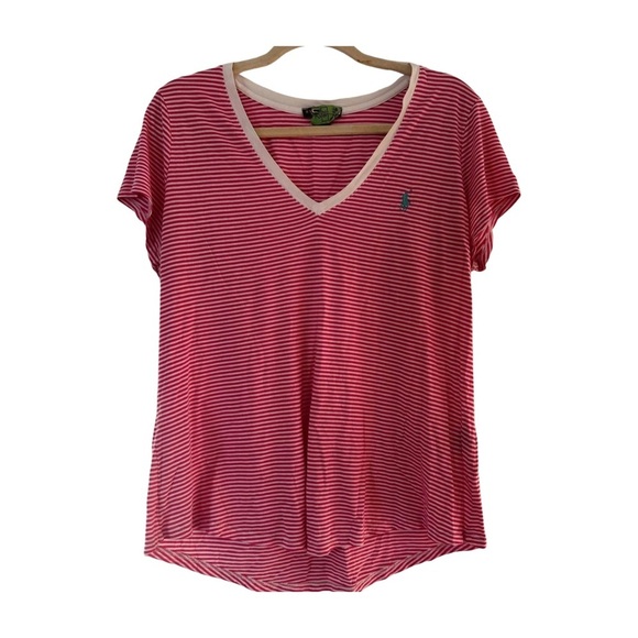 Polo Ralph Lauren Tops - Ralph Lauren Striped V-Neck T-Shirt Red White XL Short Sleeve Logo Tee